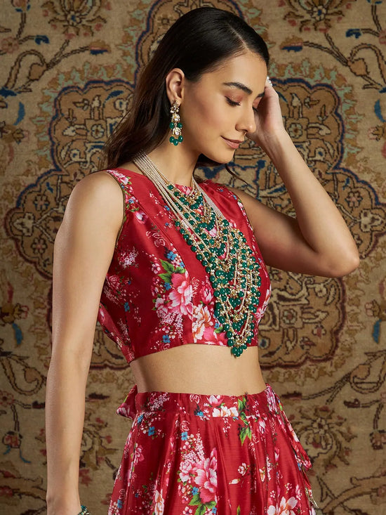 Women Maroon Chanderi Floral Back Bow Tie Crop Top