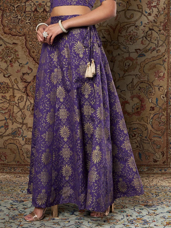 Women Purple Brocade Floral Anarkali Skirt