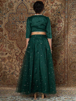 Women Green Crepe Top With Tulle Aanrkali Skirt