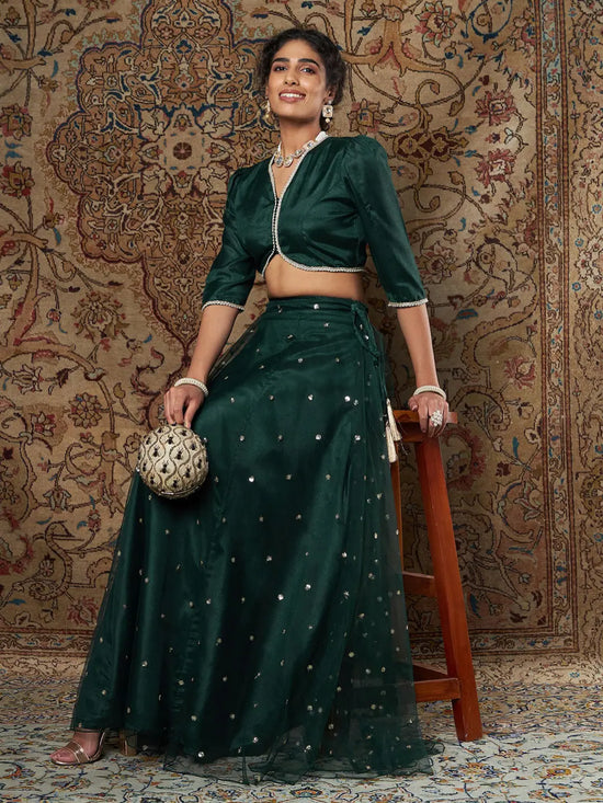 Women Green Crepe Top With Tulle Aanrkali Skirt