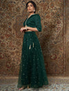 Women Green Crepe Top With Tulle Aanrkali Skirt