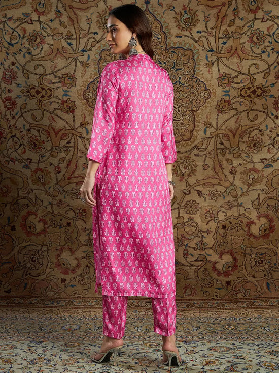 Women Pink Satin Floral Straight Kurta With Pants