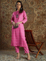 Women Pink Satin Floral Straight Kurta With Pants