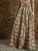 Women Peach & Green Chanderi Floral Anarkali Skirt