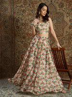 Women Peach & Green Chanderi Floral Anarkali Skirt