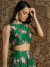 Women Green Chanderi Floral Back Bow Tie Crop Top