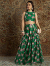 Women Green Chanderi Floral Back Bow Tie Crop Top