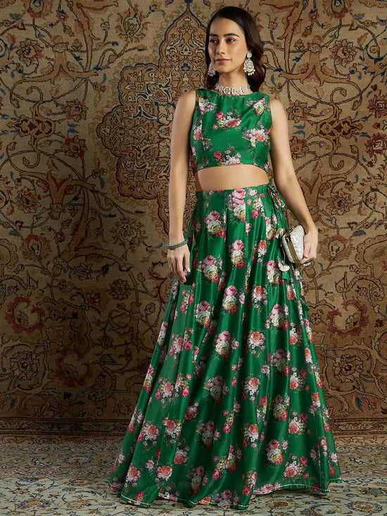 Women Green Chanderi Floral Back Bow Tie Crop Top