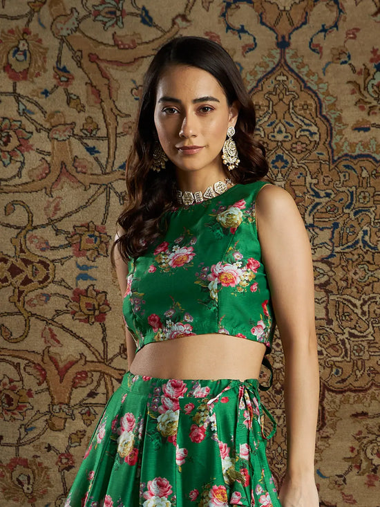 Women Green Chanderi Floral Back Bow Tie Crop Top