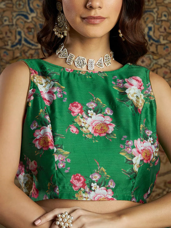 Women Green Chanderi Floral Back Bow Tie Crop Top