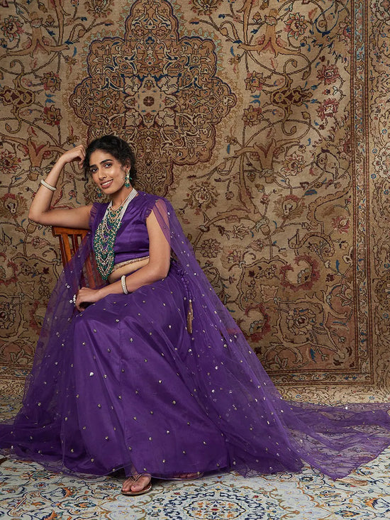 Women Purple Crepe Top With Tulle Aanrkali Skirt And Dupatta