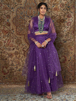 Women Purple Crepe Top With Tulle Aanrkali Skirt And Dupatta