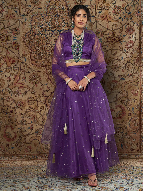 Women Purple Crepe Top With Tulle Aanrkali Skirt And Dupatta