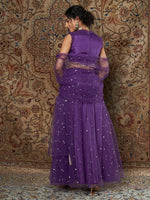 Women Purple Crepe Top With Tulle Aanrkali Skirt And Dupatta