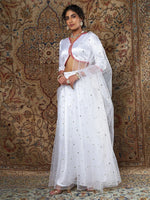 Women White Satin Top With Tulle Aanrkali Skirt And Dupatta