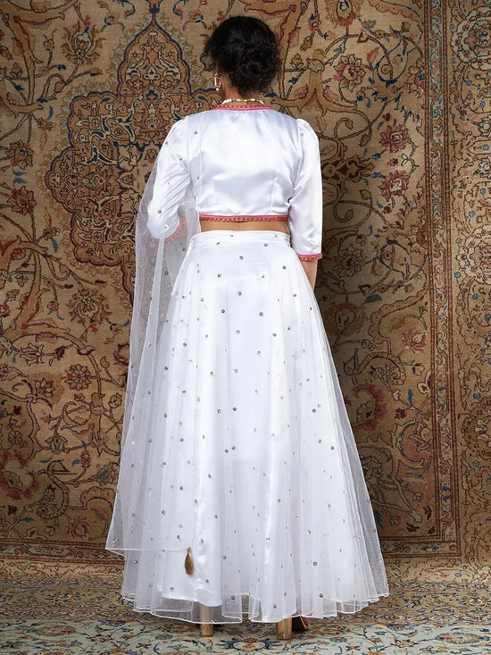 Women White Satin Top With Tulle Aanrkali Skirt And Dupatta