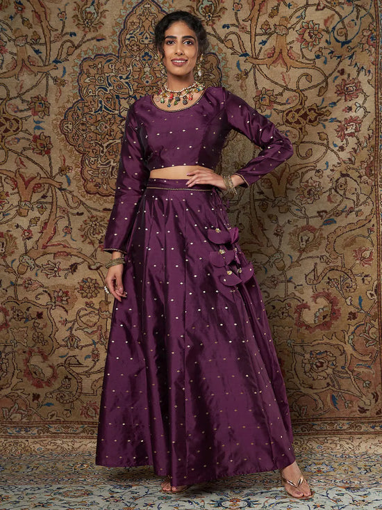 Women Purple Jacquard Crop Top With Anarkali Skirt