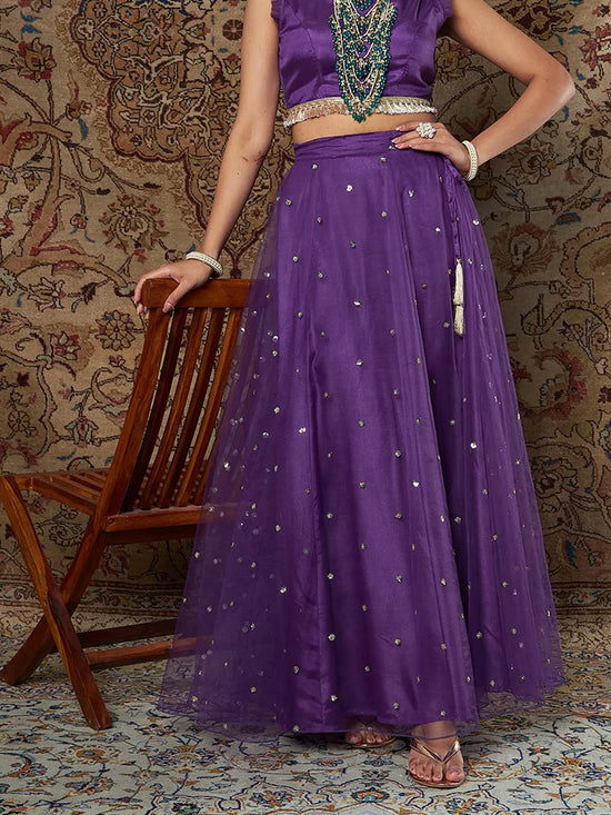 Women Purple Tulle Sequins Anarkali Skirt