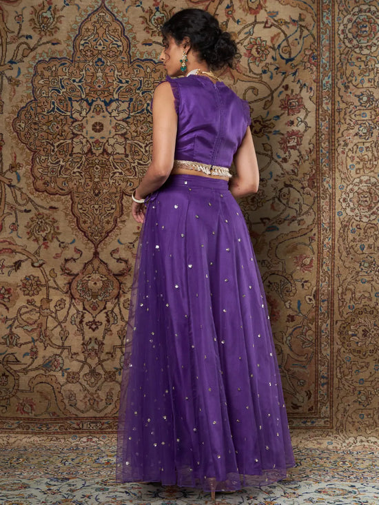 Women Purple Crepe Top With Tulle Aanrkali Skirt