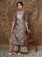 Women Navy & Grey Brocade Yoke Kurta With Brocade Pants