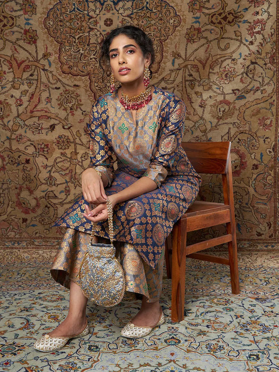 Women Navy & Grey Brocade Yoke Kurta With Brocade Pants