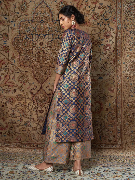 Women Navy & Grey Brocade Yoke Kurta With Brocade Pants