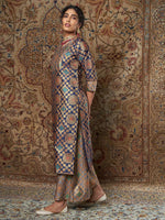 Women Navy & Grey Brocade Yoke Kurta With Brocade Pants