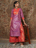 Women Purple & Red Brocade Yoke Kurta With Brocade Pants