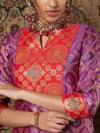 Women Purple & Red Brocade Yoke Kurta With Brocade Pants