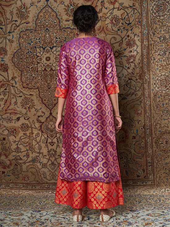 Women Purple & Red Brocade Yoke Kurta With Brocade Pants