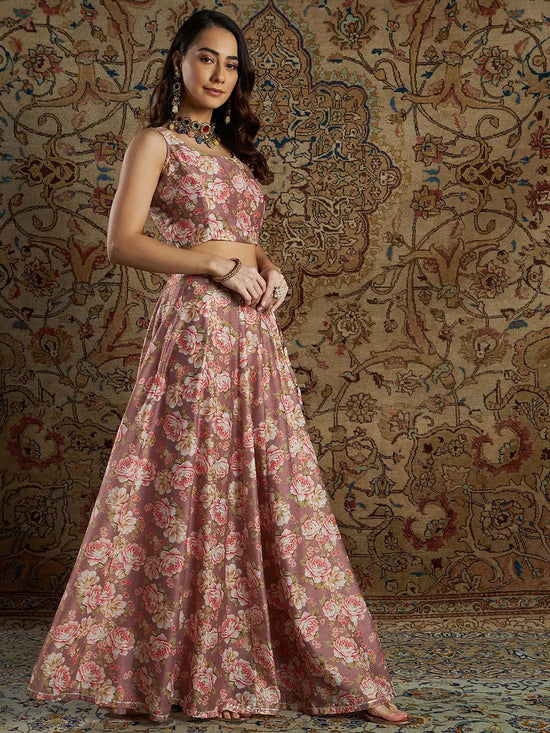 Women Mauve Chanderi Floral Anarkali Skirt