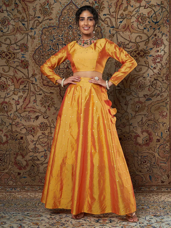 Women Mustard Jacquard Crop Top With Anarkali Skirt