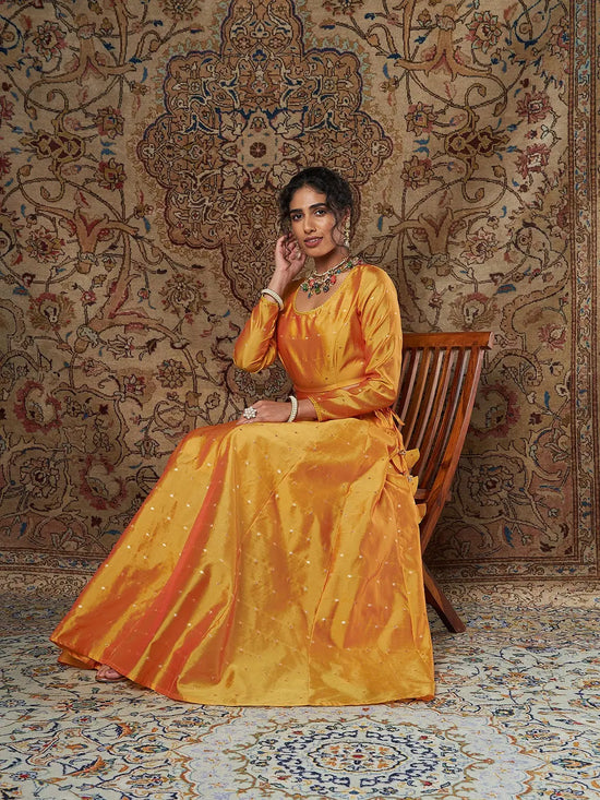 Women Mustard Jacquard Crop Top With Anarkali Skirt