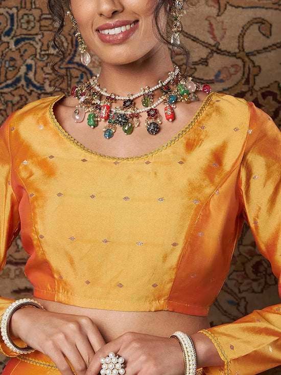 Women Mustard Jacquard Crop Top With Anarkali Skirt