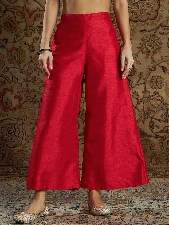 Women Navy Geometric Brocade Kurta With Red Palazzo Pants