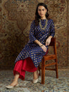 Women Navy Geometric Brocade Kurta With Red Palazzo Pants