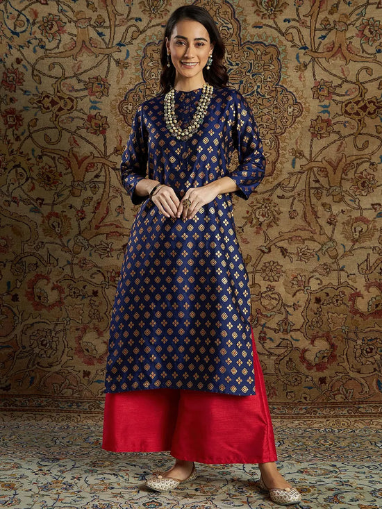 Women Navy Geometric Brocade Kurta With Red Palazzo Pants