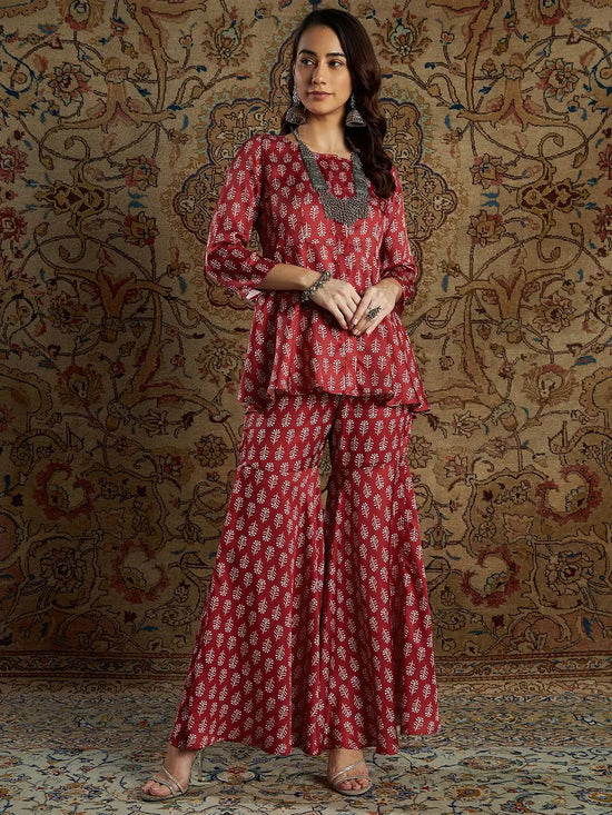 Women Red Satin Floral Peplum Top With Palazzo Pants