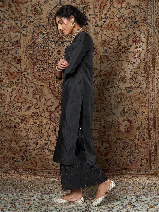 Women Black Zari Embroidered Kurta With Palazzo Pants