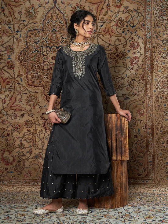 Women Black Zari Embroidered Kurta With Palazzo Pants