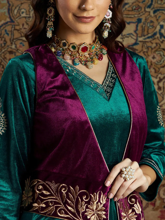 Women Emerald Velvet Kali Kurta Set With Burgundy WaistCoat