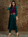 Women Emerald Velvet Kali Kurta Set With Burgundy WaistCoat