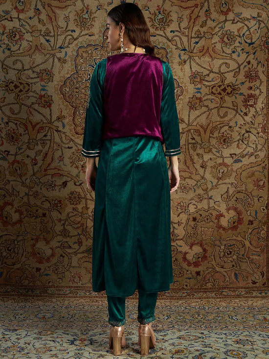 Women Emerald Velvet Kali Kurta Set With Burgundy WaistCoat