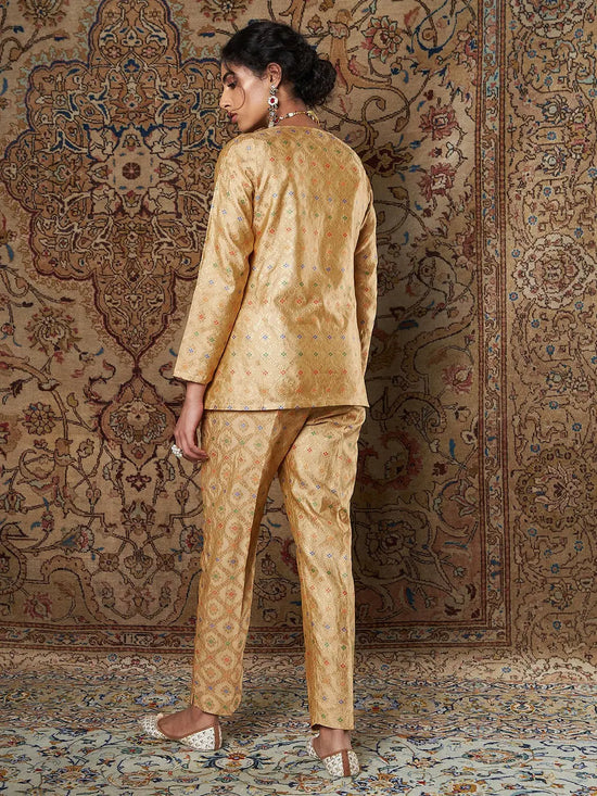 Women Golden Indian Motif Brocade Shirt With Pants