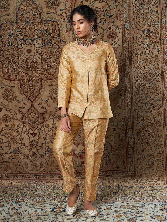 Women Golden Indian Motif Brocade Shirt With Pants