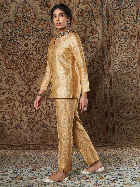 Women Golden Indian Motif Brocade Shirt With Pants