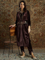 Women Brown Zari Velvet Straight Kurta Set With WaistCoat-SHSET95370XS