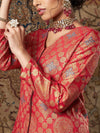 Women Red Large Indian Motif Brocade Shirt With Pants