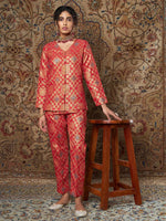 Women Red Large Indian Motif Brocade Shirt With Pants