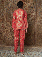 Women Red Large Indian Motif Brocade Shirt With Pants